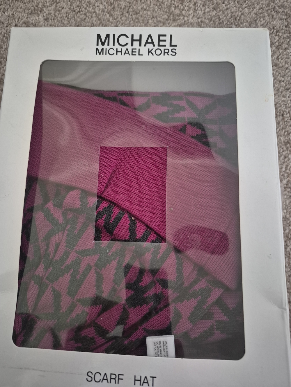 Brand New Michael Kors Pink and Black Logo Scarf & Hat Set